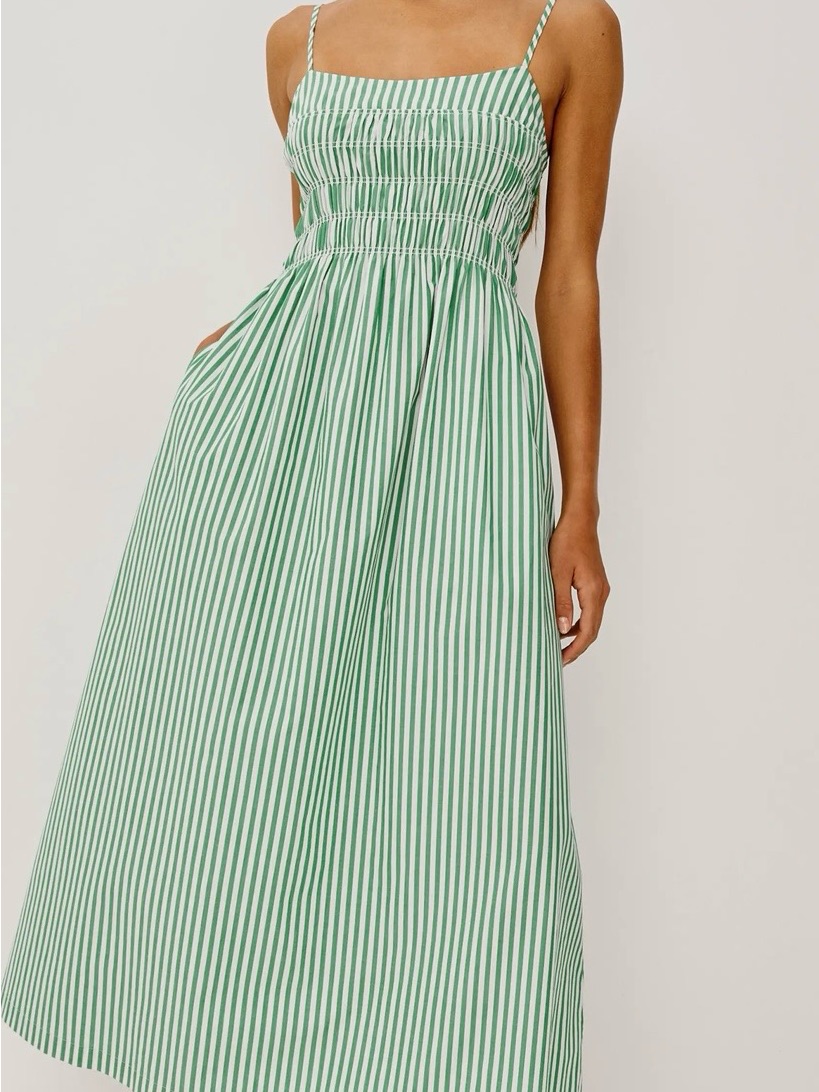 Rails Primrose Emerald Stripe Smocked Midi Dress M Green White A-Line